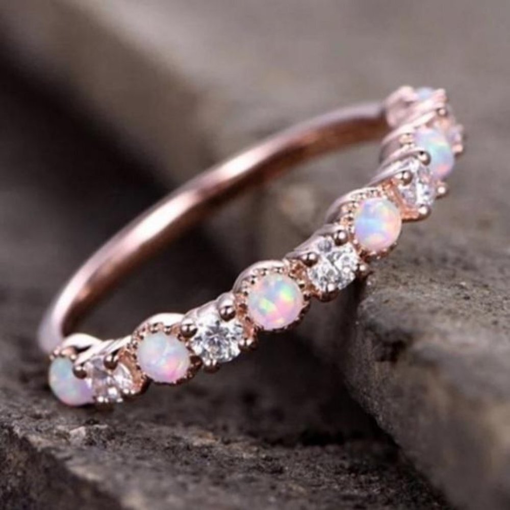 18K ROSE GOLD DIAMOND OPAL HALF ETERNITY RING, CUTE RING, SHINY RING. - Picture 3 of 5